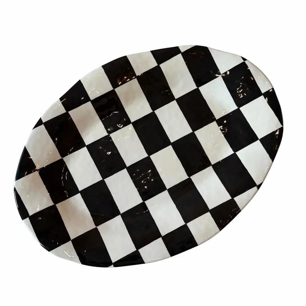 Black & White Checkered Melamine Large Serving Platter 13X18 Oval NEW